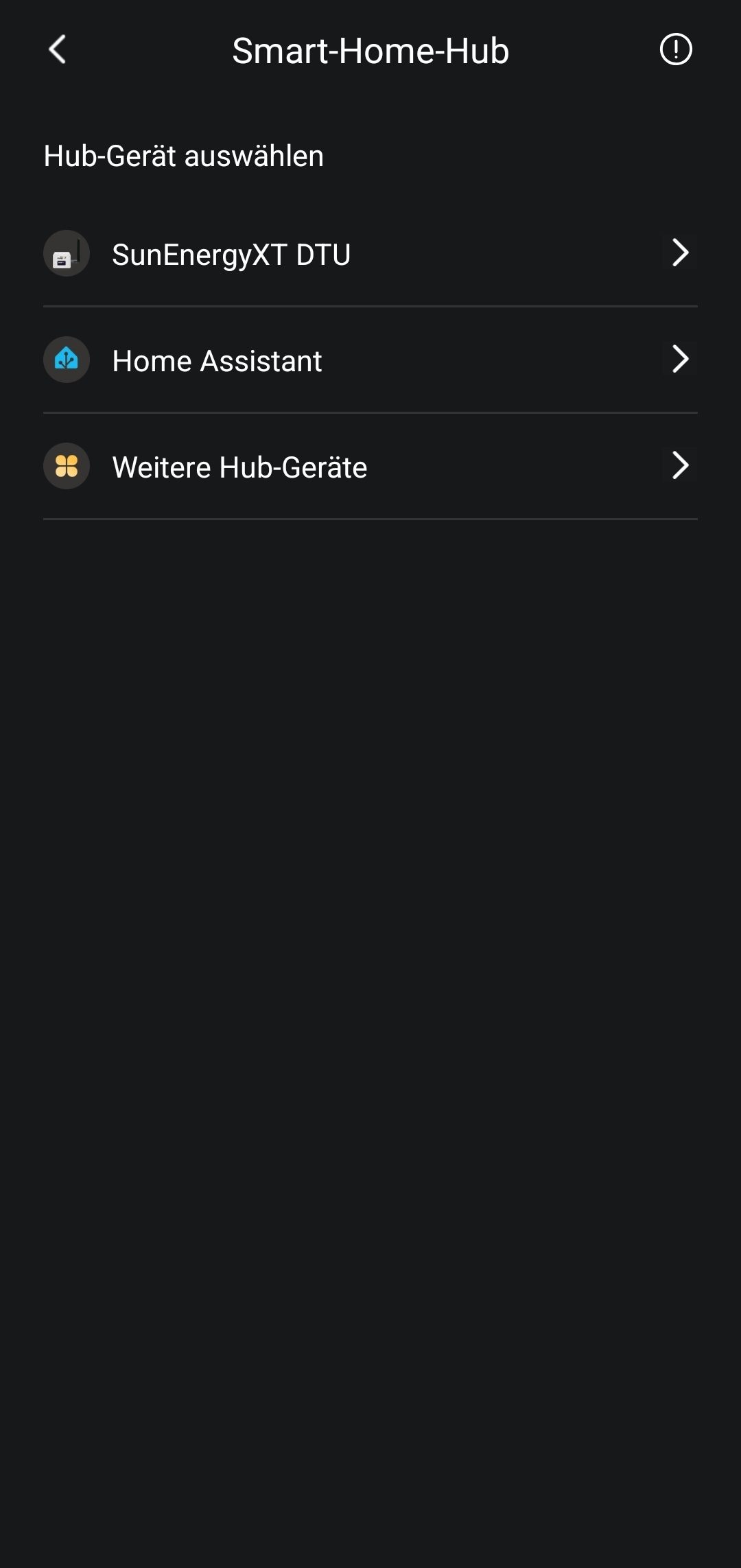 Auswahl des Hub-Geräts in der SunEnergyXT-App: SunEnergyXT DTU, Home Assistant oder weitere Hub-Geräte