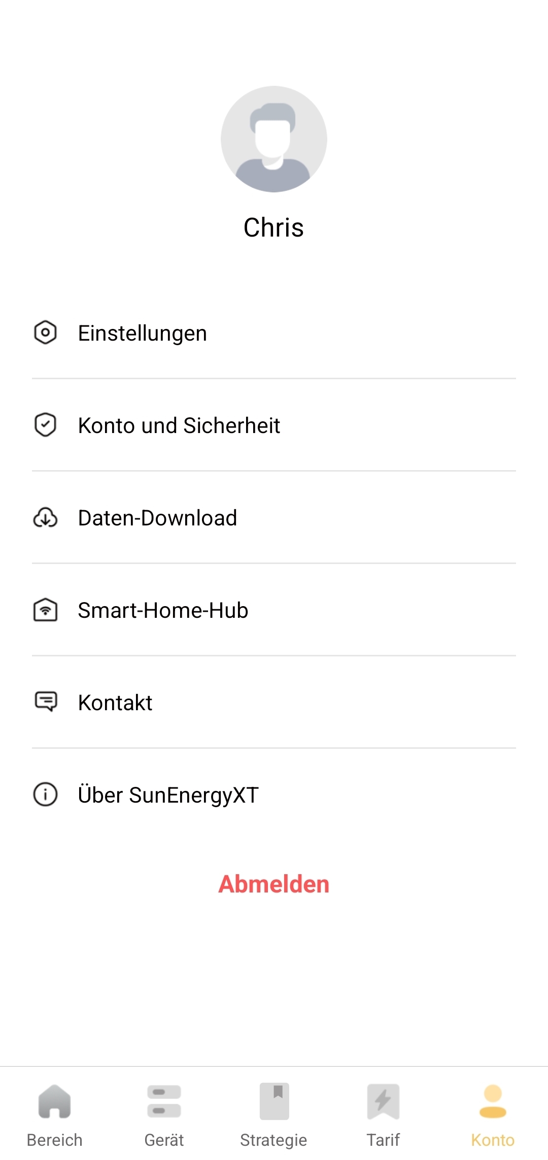 SunEnergyXT-App, Tab Konto, mit dem Menüpunkt Smart-Home-Hub