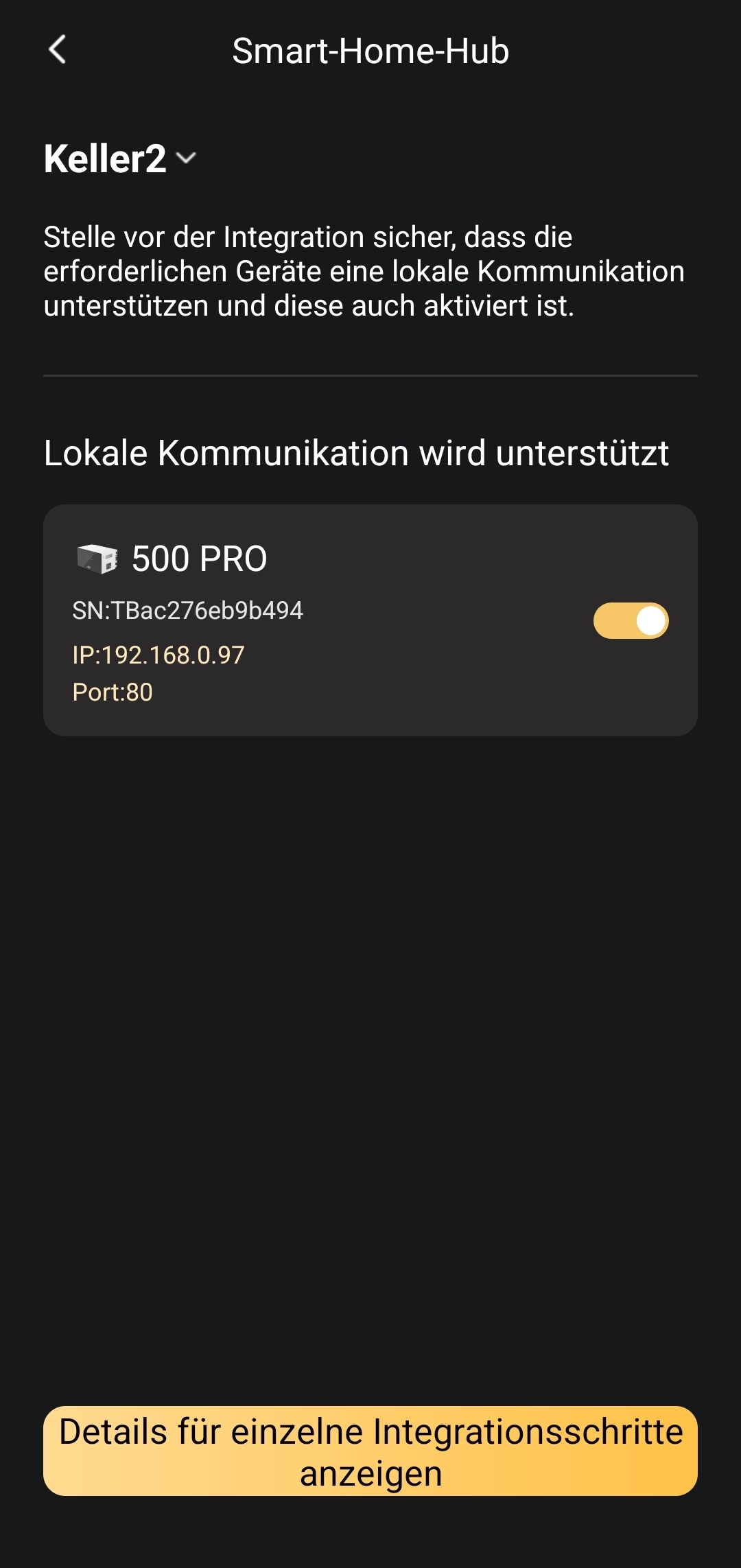 Aktivierte lokale Kommunikation für ein SunEnergyXT 500 Pro mit angezeigter IP-Adresse und Port