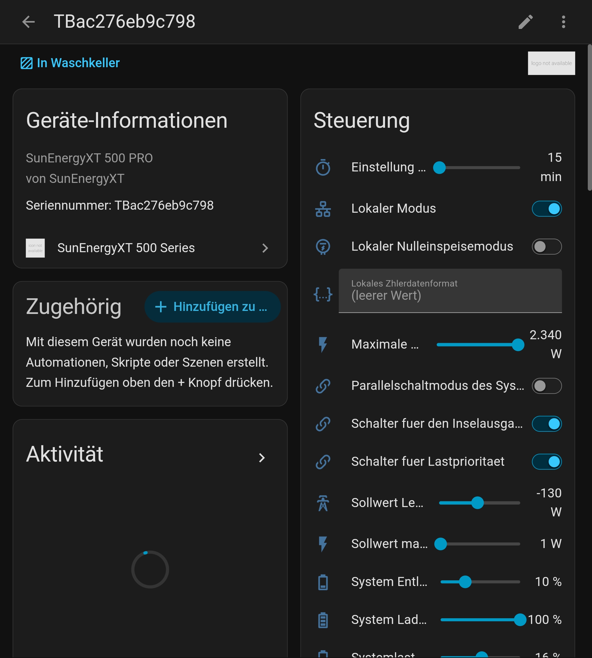Steuerungsseite eines SunEnergyXT 500 Pro in Home Assistant mit den Reglern für Sollwert Leistung Netzanschluss und Sollwert max. Wechselrichterleistung