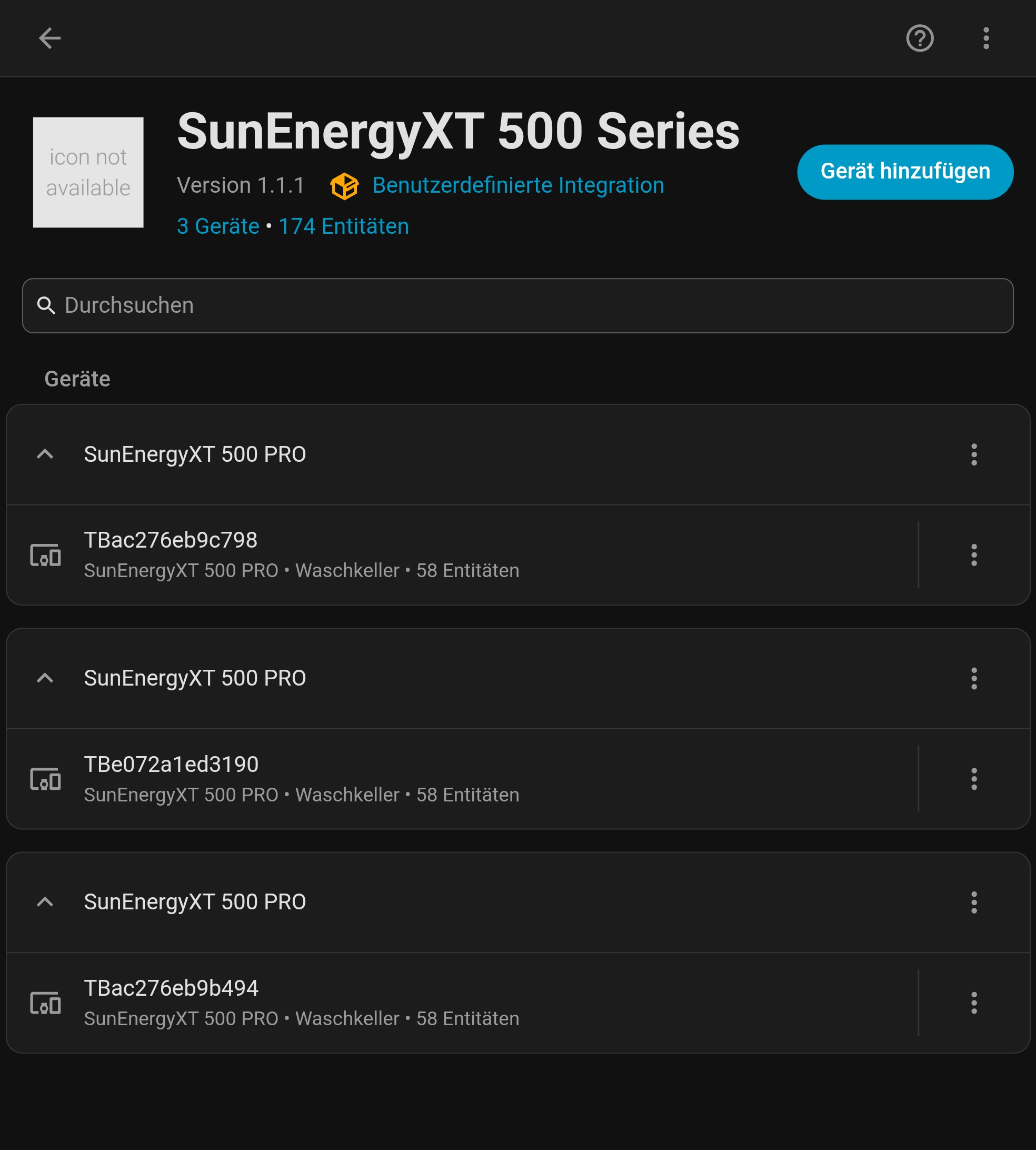 Home-Assistant-Übersicht der Integration SunEnergyXT 500 Series mit drei Geräten im Waschkeller und insgesamt 174 Entitäten